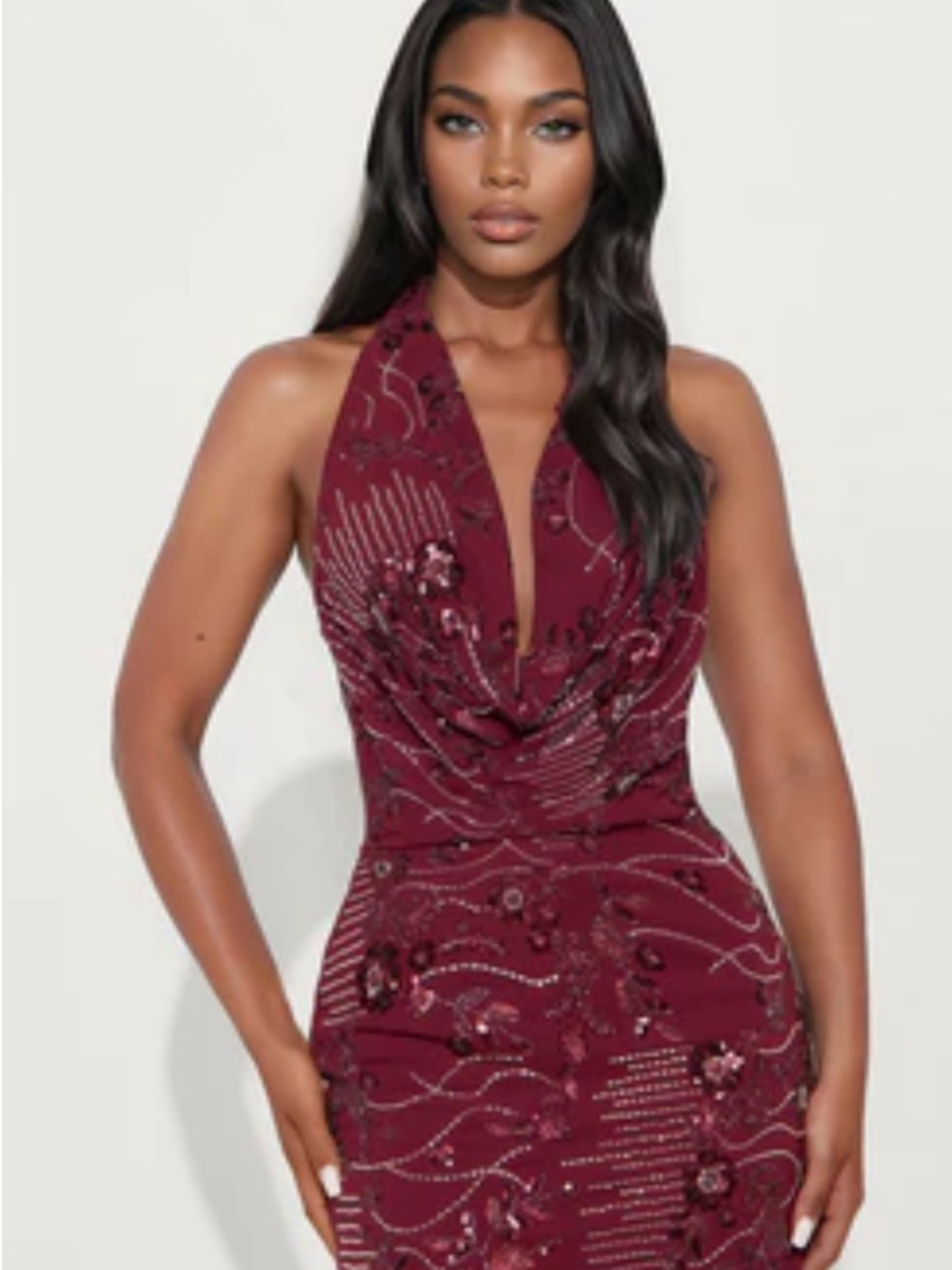 Fashion nova Halter Neck Embellished Burgundy Evening Dress NWT
